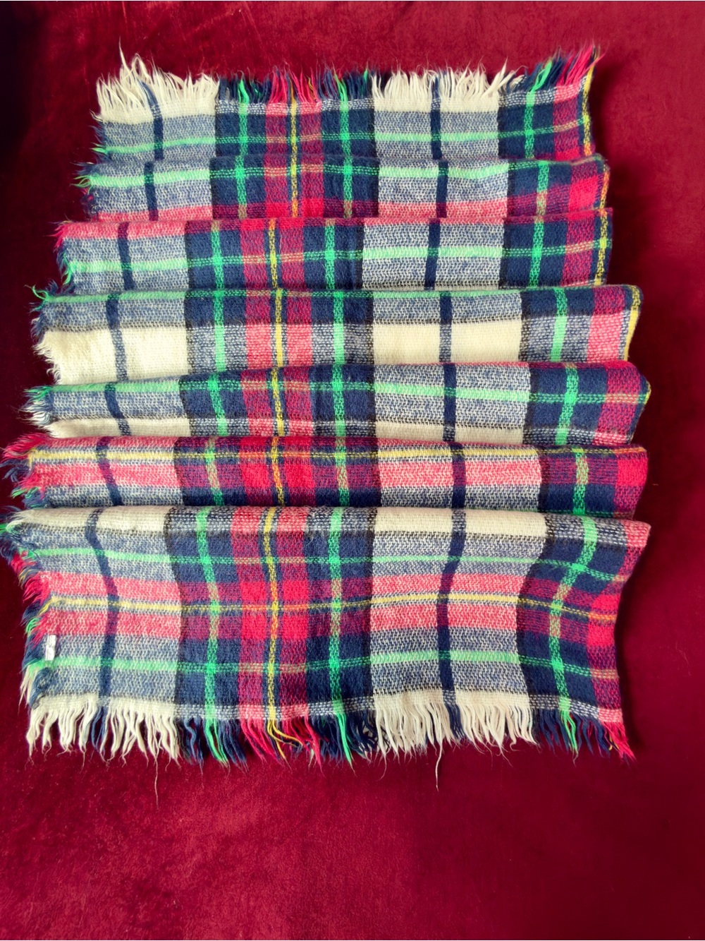 Women’s Plaid Fringe Scarf - Red, Navy & Cream Sz XL